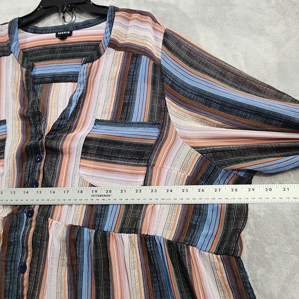 Torrid Top Womens 5/5X Multicolor‎ Striped Button Front Tunic 3/4 Sleeve Sheer